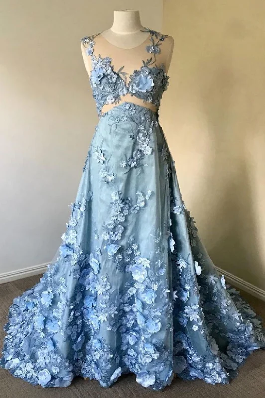 Huge Discounts Blue round neck lace long prom dress, blue lace evening dress JKF014