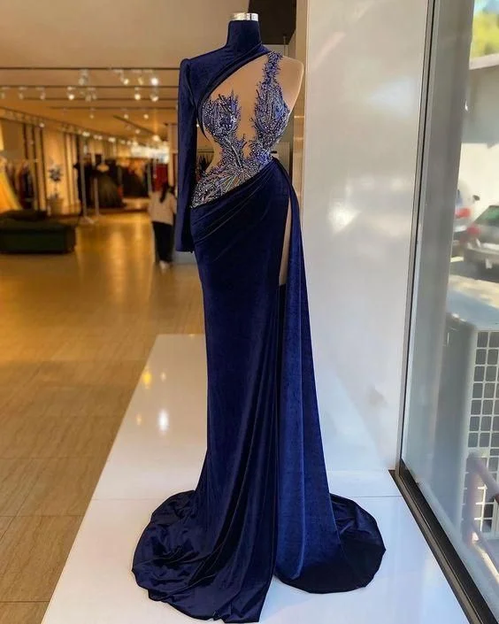 Final Clearance puff sleeve dressHigh Neck Velvet Prom Dress High Slit,Unique Prom Dress Y515 Final Clearance puff sleeve dressHigh Neck Velvet Prom Dress High Slit,Unique Prom Dress Y515