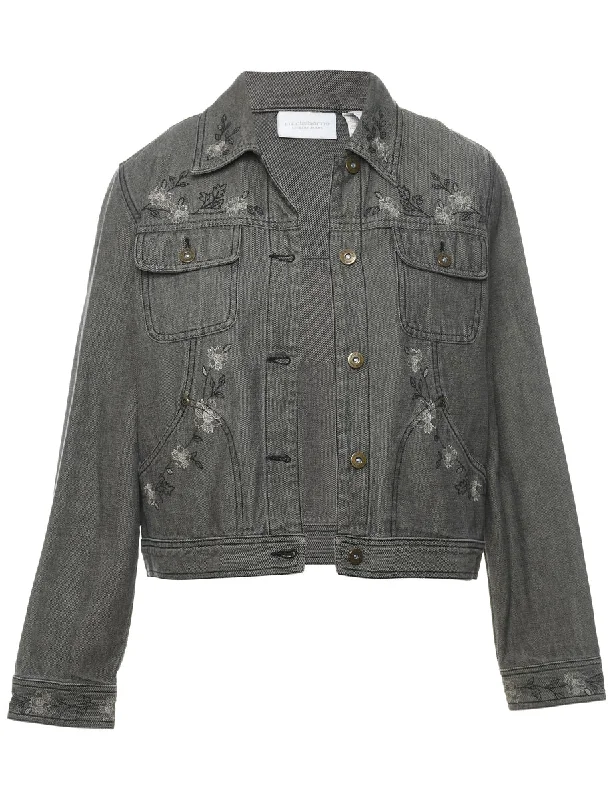 vintage coatBlack 1990s Distressed Embroidered Floral Denim Jacket - M