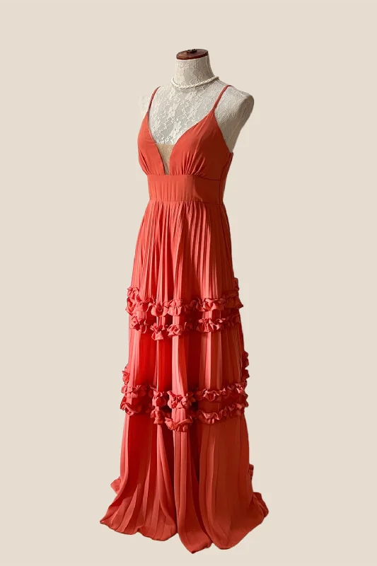 Fantastic Offers cocktail party dressPlunge Neck Rust Orange Pleated Long Dress