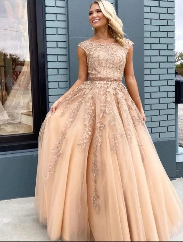 Deep Discounts Cap Sleeve Champagne Tulle Appliques A-Line Long Prom Dress JKB038