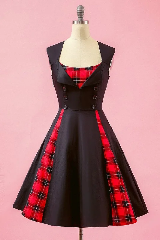 Fantastic Offers Black Patchwork Plaid  Swing Party Dress Halloween Vintage Dress GJS666