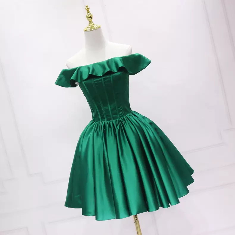 Special Buy casual evening dressDark Green Satin Homecoming Dress Rufflues Neckline s50