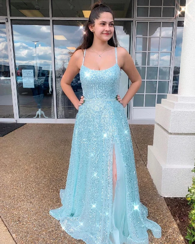 Must-Have Deals Spaghetti Straps Scoop Mint Tulle Sparkly Prom Dress with Slit JKR317
