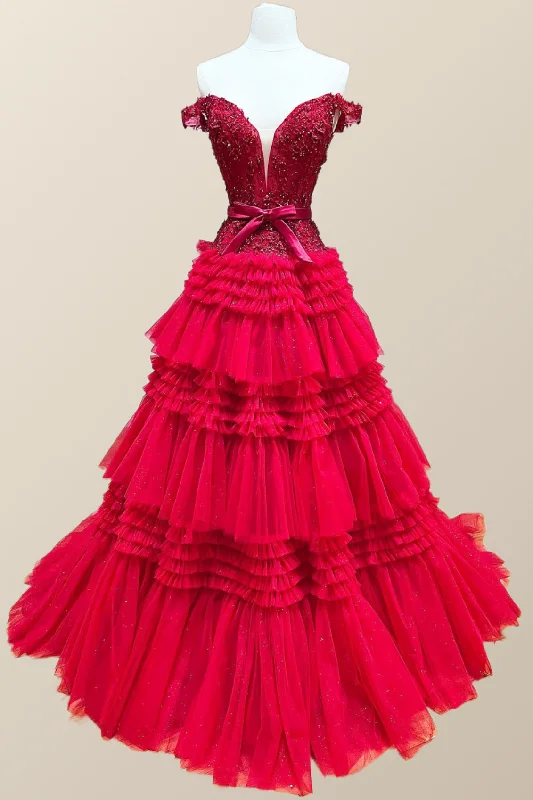Quick Sale satin midi dressOff the Shoulder Red Appliques Tiered Long Formal Dress