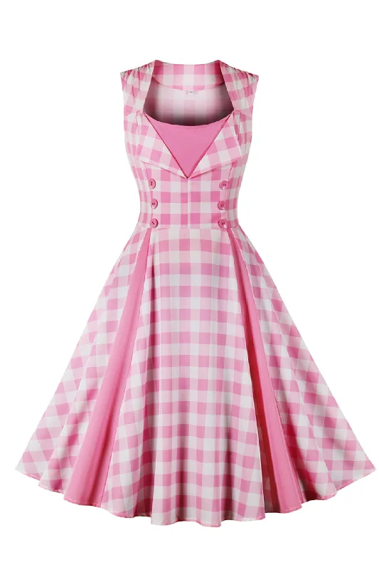 Seasonal Sale off-the-shoulder dressSleeveless Pink Plaid Barbie Swing Dress