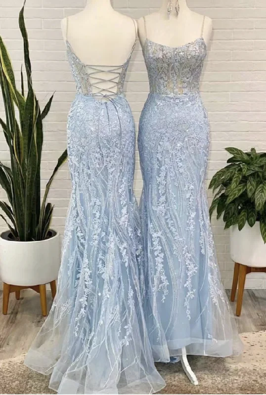 classic fit-and-flare dressElegant Sky Blue Prom Dresses with Appliques Lace Y1716