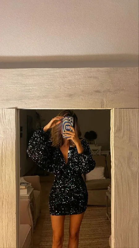 Great Bargains shift dressBlack Sequin Bodycon Cocktail Dress Sexy Black Short Homecoming Dress Y462