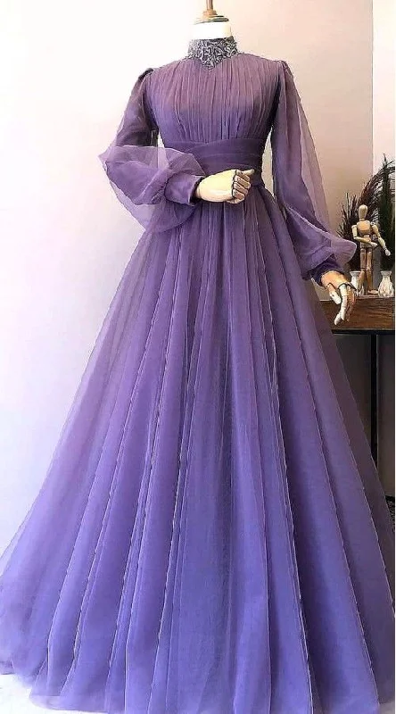 Great Deals classic fit-and-flare dressrobe longue high neck vintage prom dresses long sleeve muslim beaded lace tulle elegant purple prom gown  Y1207