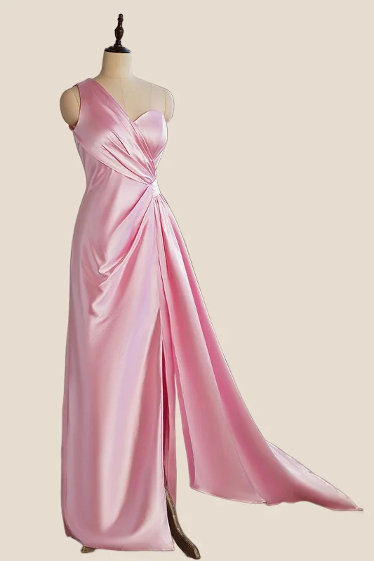 Discount Days off-the-shoulder dressOne Shoulder Pink Ruched Long Party Dress