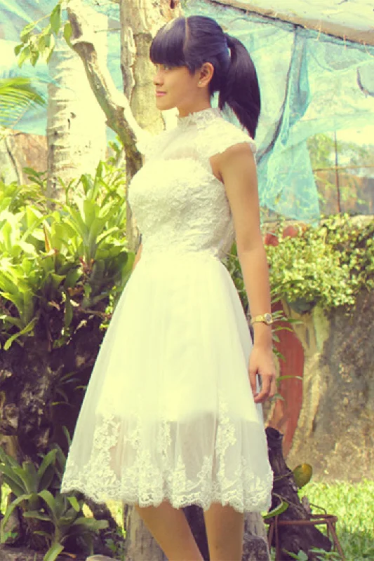 Shop and Save A-line Small Round Collar Tea Length Short Sleeves Tulle Applique Lace Wedding Dress