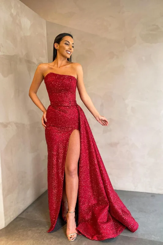 Price Smash Special Strapless Sexy Front Slit Evening Dress Red Long