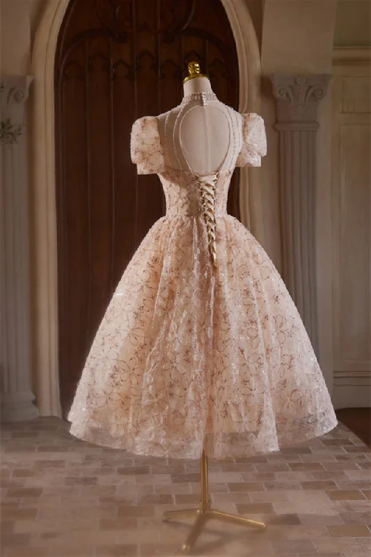 Overstock Sale backless dressBeaded High Neck Champagne Floral Tea Length Dress