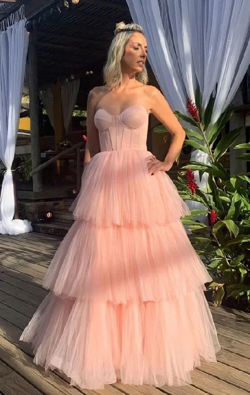 Shop and Save denim dressModest Pink Strapless Tiered Tulle Prom Dress, Pink Formal Prom Gown,Wedding Reception Dress Y1051