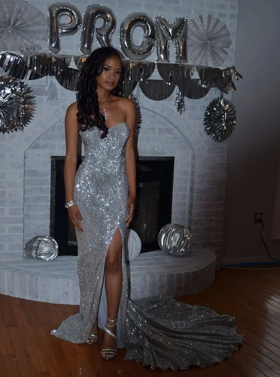 Savings Alert cocktail party dressMermaid Sweetheart Sweep Train Silver Sequined Prom Dress with Split Y1371