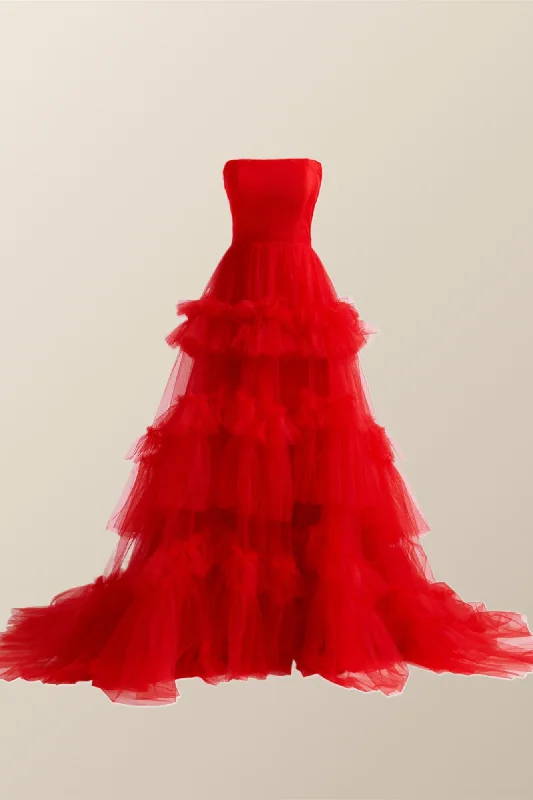 Time-Limited Offer bohemian dressRed Tulle Strapless A-line Long Dress