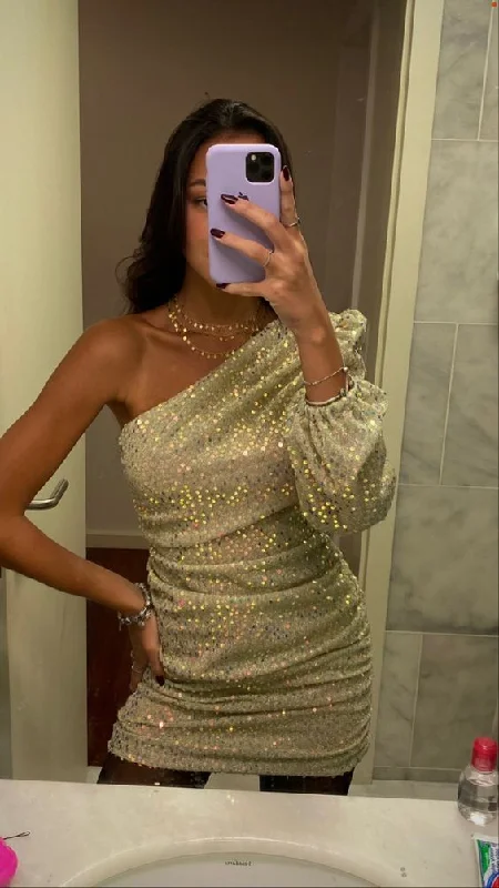 The Best Prices comfy maxi dressSparkly One Shoulder Homecoming Dress,Cute Party Dress Y1318