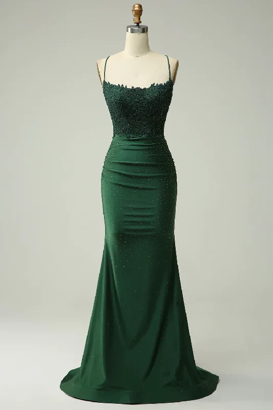 office dressMermaid Halter Dark Green Long Prom Dress with Appliques Beading Y1858