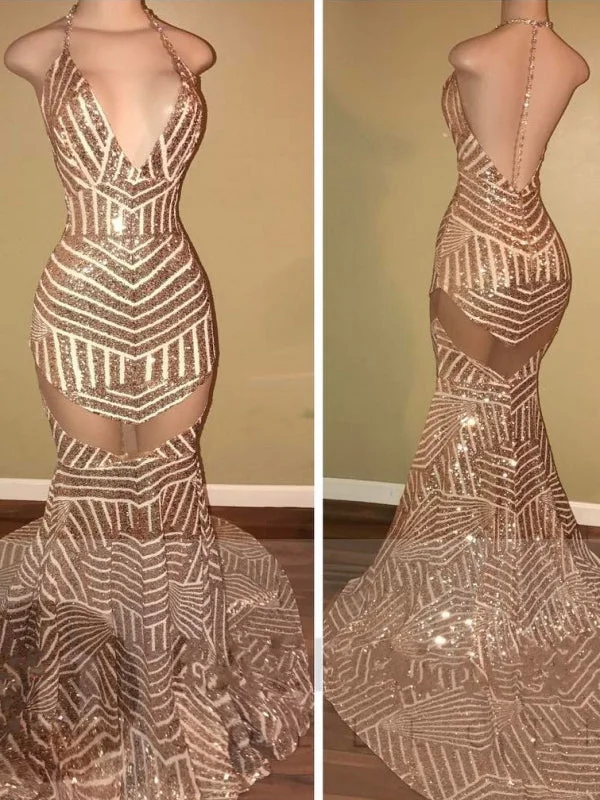 Epic Deals Sexy Gold Prom Dresses Halter Backless Trumpet/Mermaid Prom Dress/Evening Dress JKL334