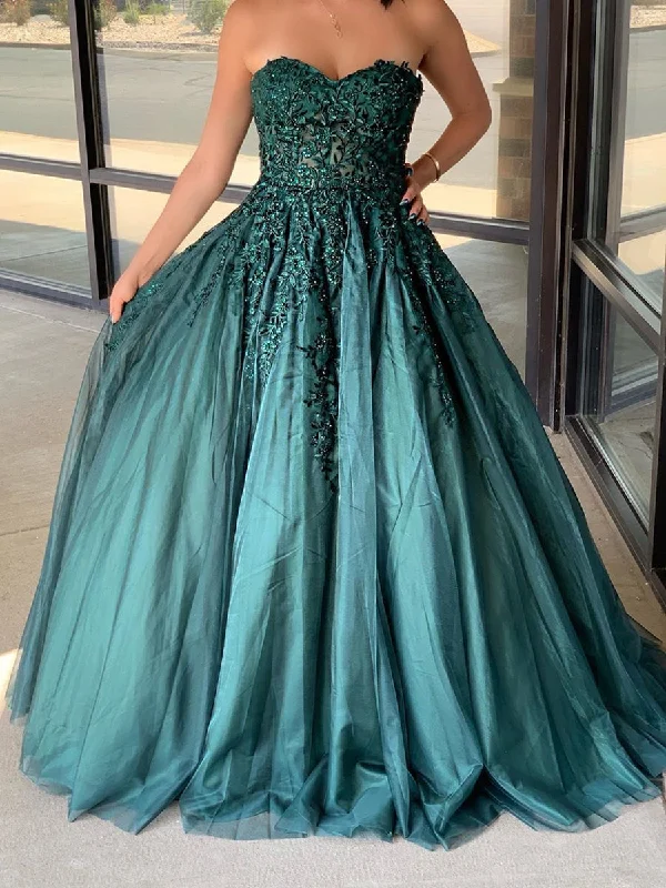 Deal Alert Dark Green Tulle Appliques Beaded Ball Gown Sweetheart Long Prom Evening Dress JKA015