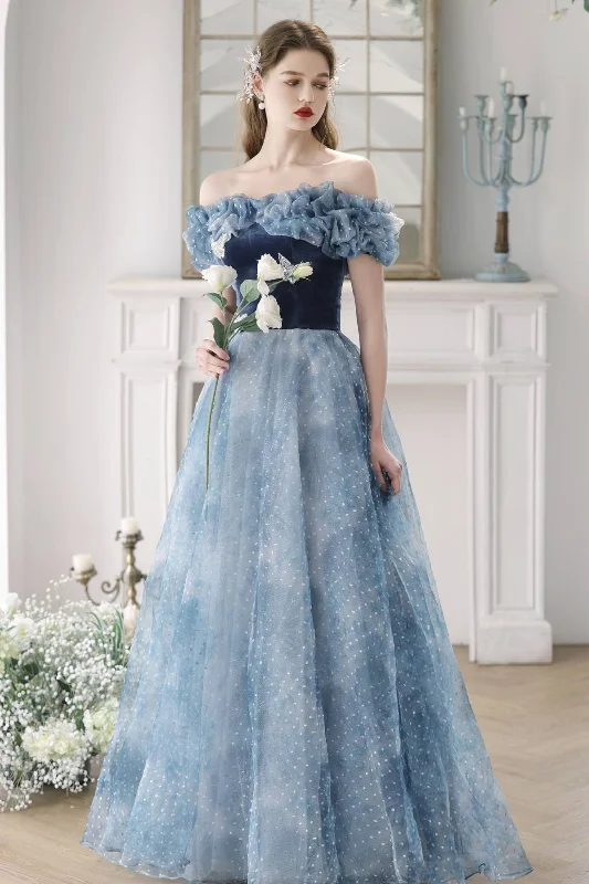 Huge Savings playful dressOff the Shoulder Blue Velvet Tulle Princess Gown