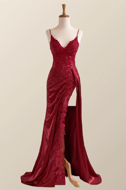 Big Discounts satin dressWine Red Appliques Mermaid Long Formal Dress
