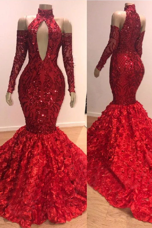 Mega Sale Long Sleeves Modest Halter Mermaid Prom Dress Sequins Long Red