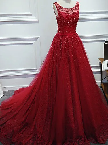 Exclusive Online Offer Red Lace Prom Dresses Beading Sweep/Brush Train Prom Dress/Evening Dress JKL105