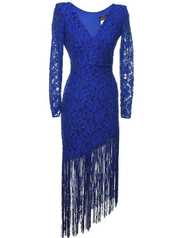 stylish raincoatBlue Lace Fringed Asymmetric Hem Evening Dress - M