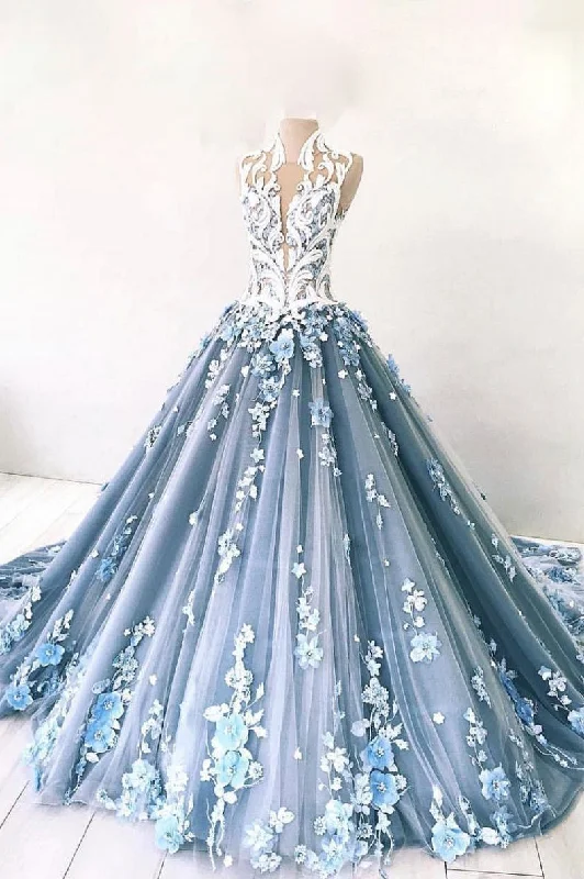 Bargain Prices Unique blue tulle lace long prom dress, blue lace tulle evening dress LKF016