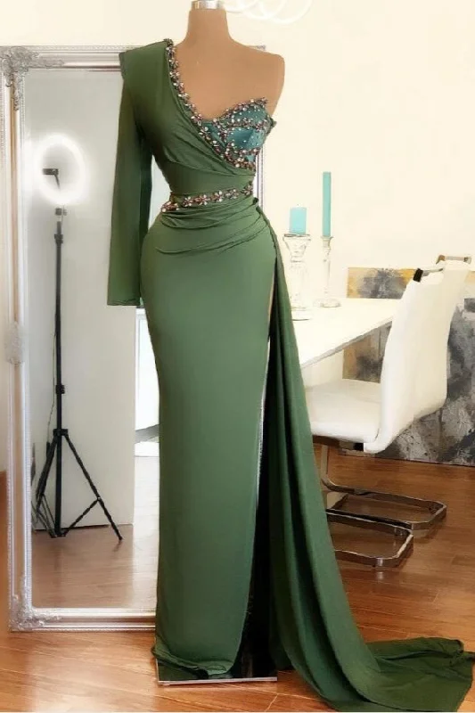 Shop and Save Beaded Green Long Prom Dress One Shoulder With Long Sleeve On One Side