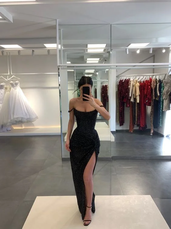 form-fitting dressGenerous Black Sheath Prom Dress With Split, Black Formal Dress Y1844