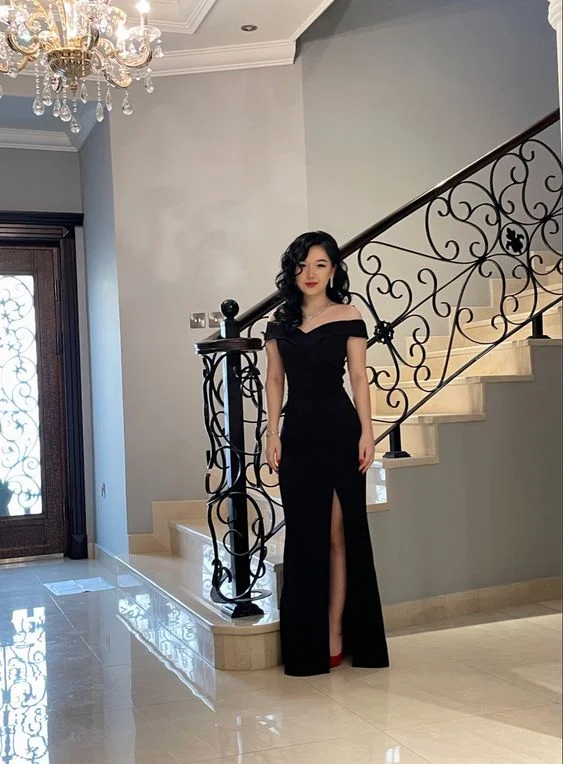 Special Savings minimalistic dressElegant Off The Shoulder Black Prom Dress With Side Split  Y1011