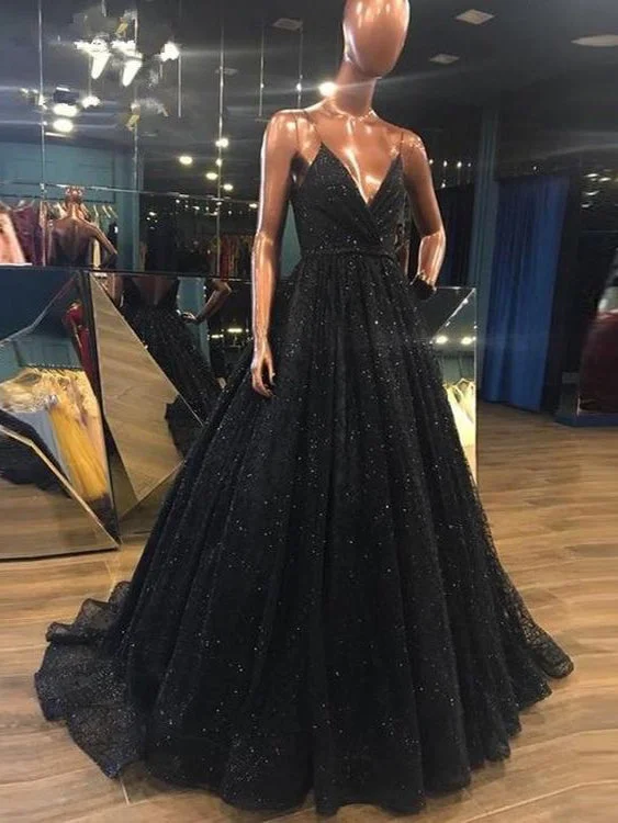 Steals and Deals Sparkly Prom Dresses with Spaghetti Straps A-line Long Sequin Lace Slit Black Prom Dress JKL1623