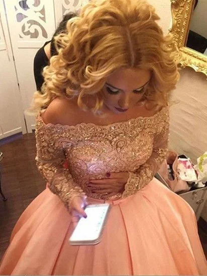 Exclusive Savings Ball Gown Prom Dresses Scoop Long Sleeve Short Train Satin Sexy Prom Dress/Evening Dress JKL174