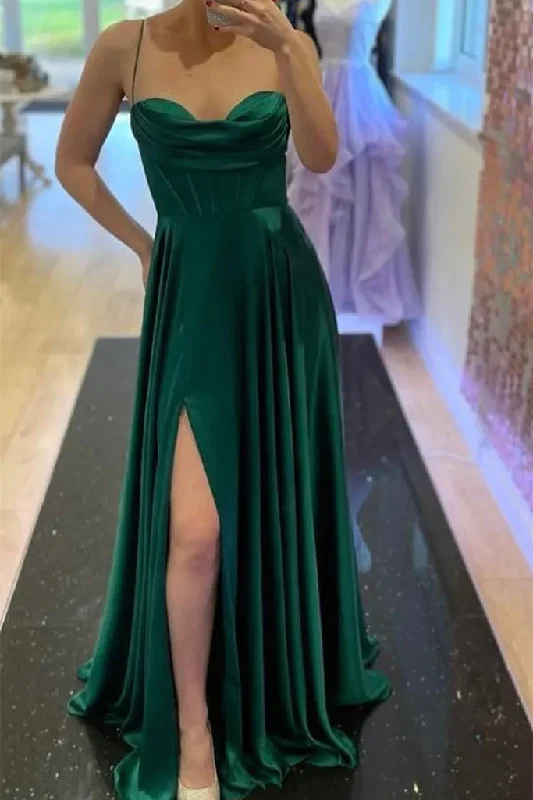 Warehouse Sale Elegant Green Satin Long Prom Dress with High Slit Formal Graduation Evening Dress GJS682