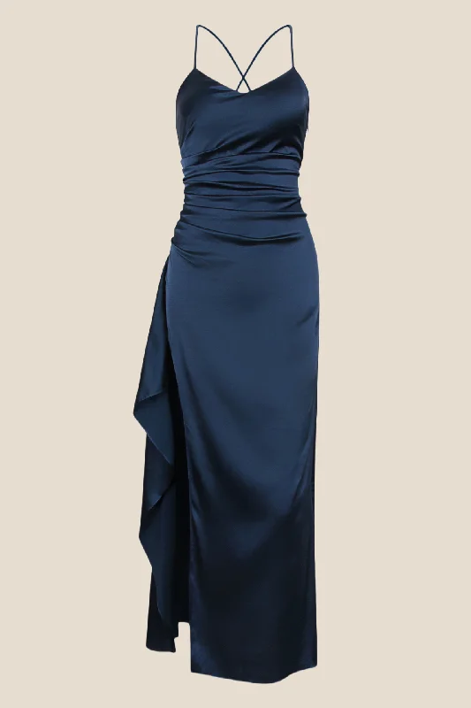 Reduced Prices wrap-around dressStraps Navy Blue Ruched Long Dress with Slit