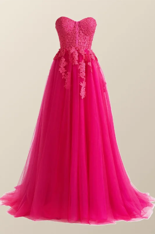Final Sale flowy maxi dressHot Pink Lace Appliques A-line Long Dress