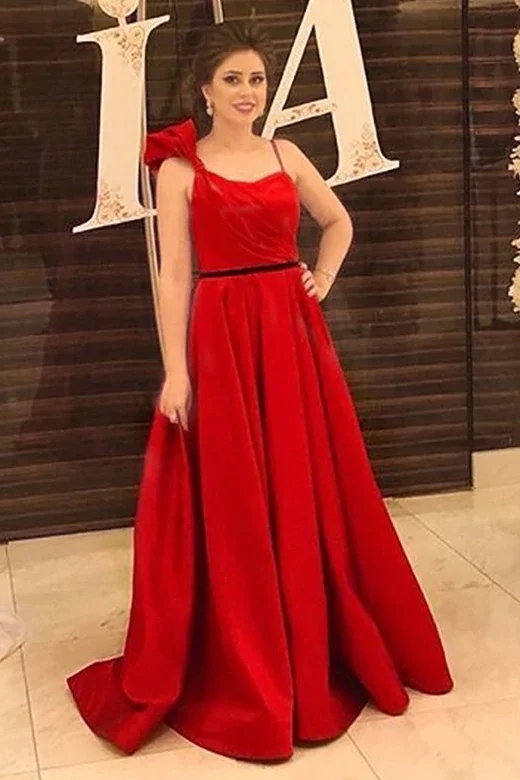 Deal of the Week A-line Scoop Sweep Train Red Prom Dress with Sash Bowknot Pleats GJS671