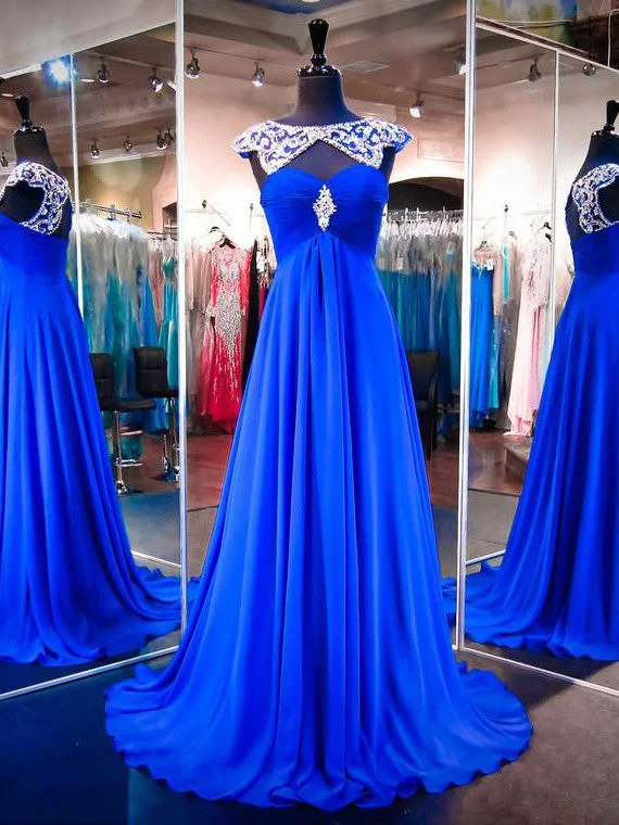 Deal Dash Chic Prom Dresses Bateau Sweep/Brush Train Chiffon Royal Blue Prom Dress/Evening Dress JKL291