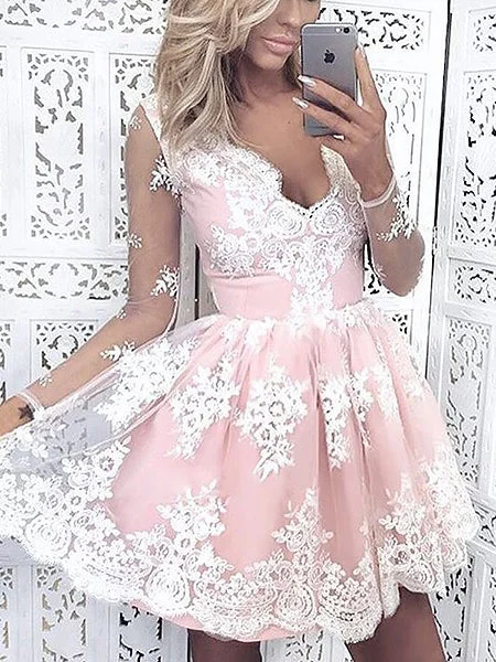 Markdowns Long Sleeve Beautiful Homecoming Dresses Lace V-neck Short Prom Dress Party Dress JK744