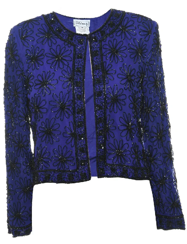 Super Sale contemporary trench coatSilk Blue & Black Floral Beaded Evening Jacket - S