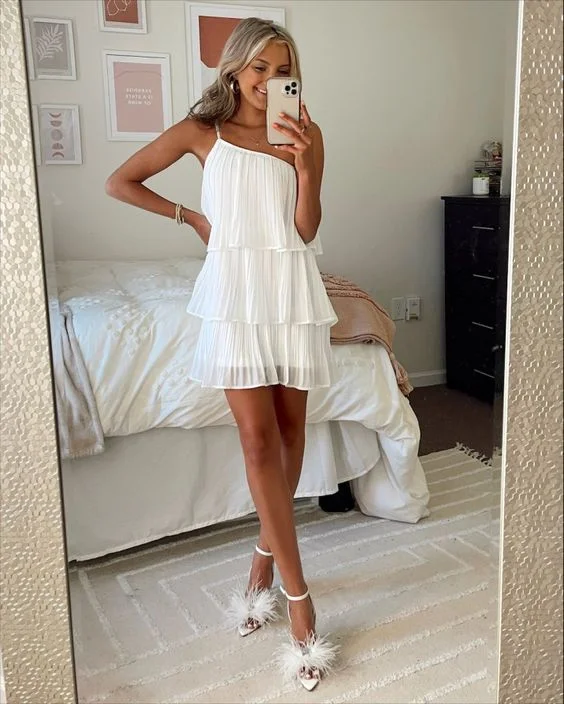 statement dressWhite Pleated One-shoulder Graduation Dress,White Short Homecoming Dress Y1846