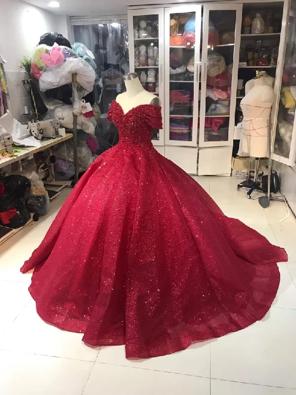Price Buster wrap-around dressLuxurious Off Shoulder Red Glitter Beading Ball Gown Sweet 16 Dress Y1275