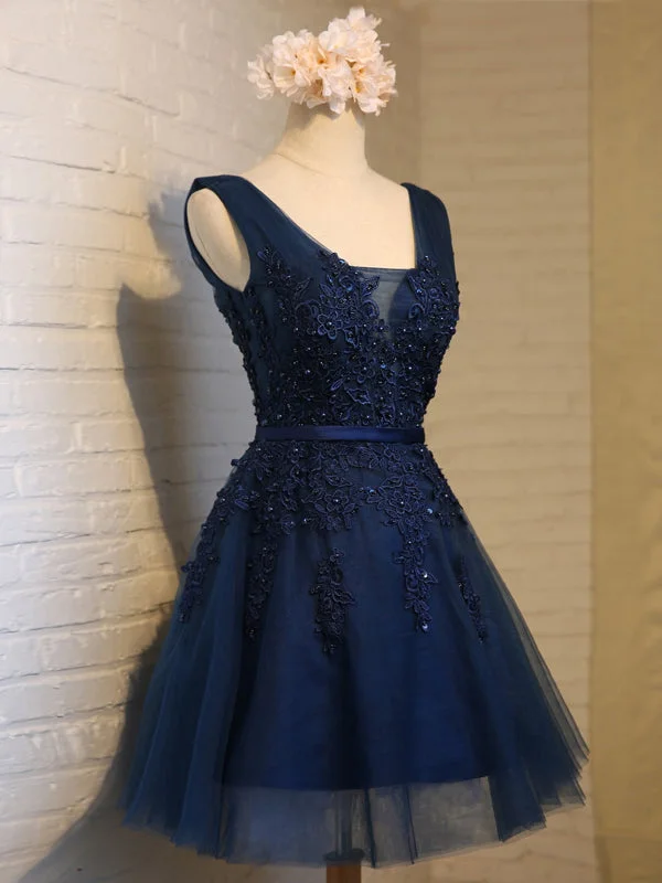 Best Bargains Homecoming Dress Dark Navy Appliques Short Prom Dress Party Dress JK246