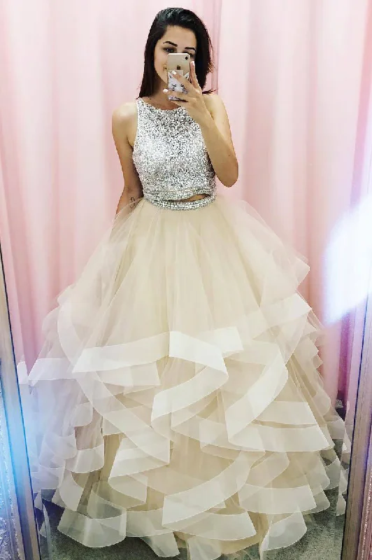 One-DAY Sale sleeveless dressPrincess Two Piece Champagne Prom Dress with Sequins Top Y943 One-DAY Sale sleeveless dressPrincess Two Piece Champagne Prom Dress with Sequins Top Y943