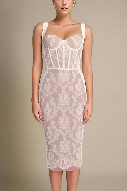 Bargain Blast party dressGenevieve Bodycon Lace Midi Dress - Pearl White