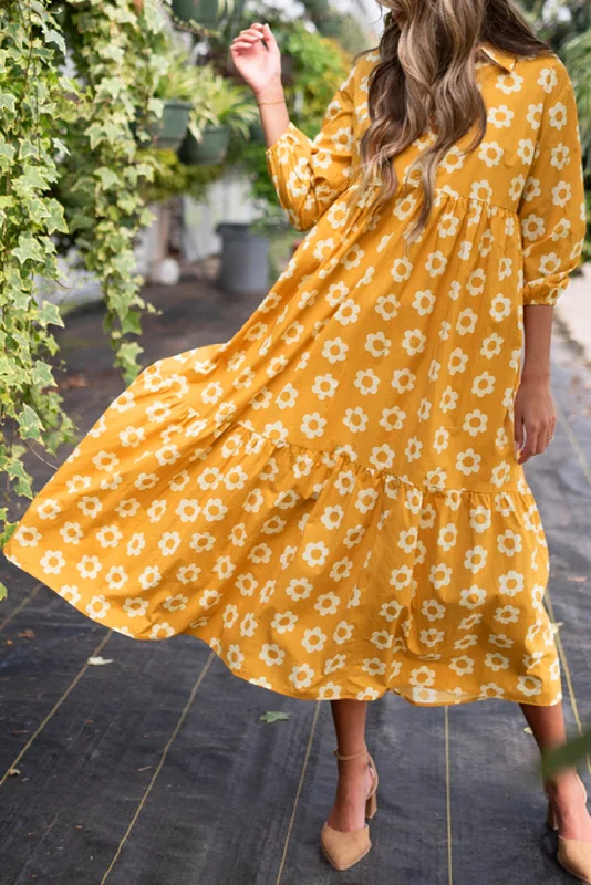 Savings Bonanza Yellow Flower Print Bracelet Sleeve Buttons Collared Maxi Dress