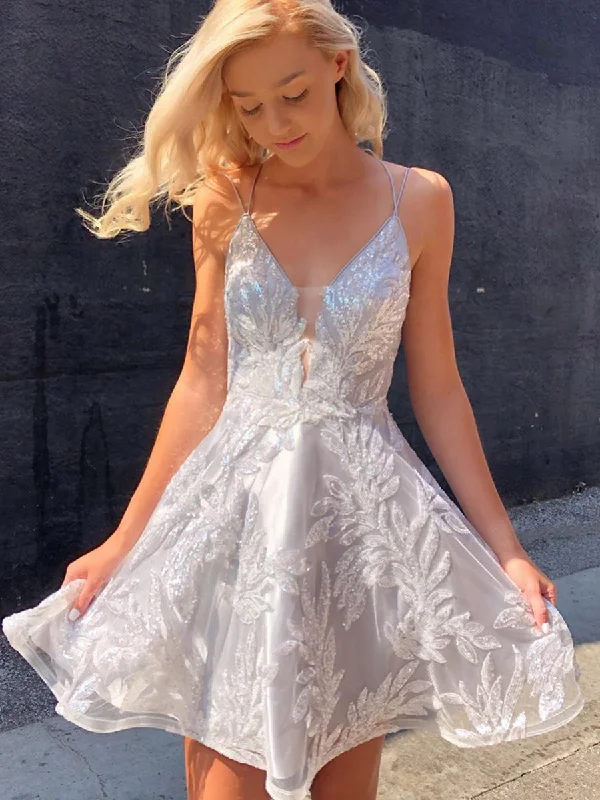 Big Discounts Silver V-Neck Luxury Beaded Satin Short Prom Dress Homecoming Dress JKS014
