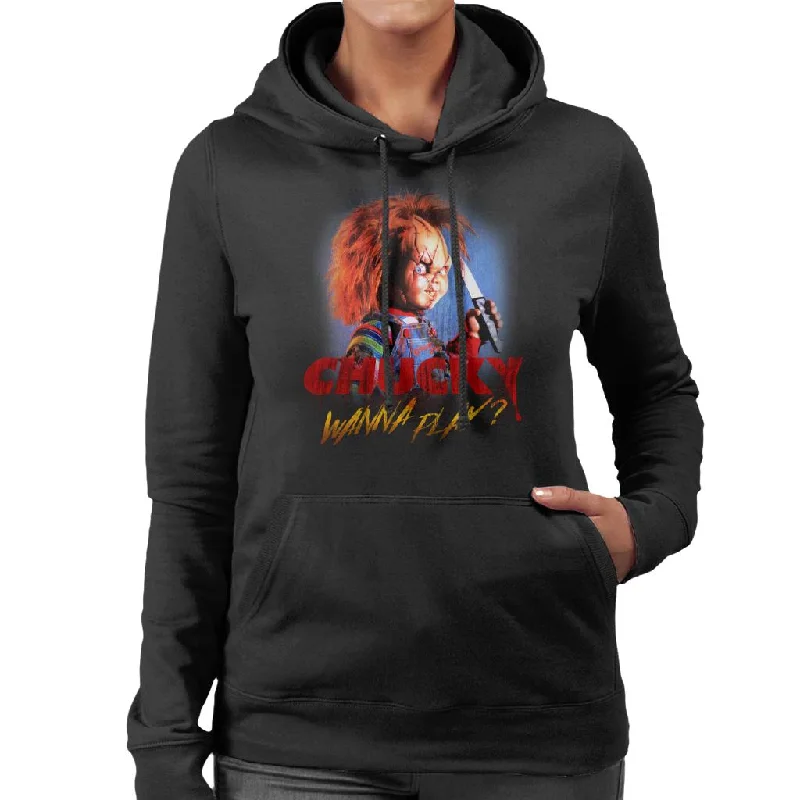 relaxed fit hooded sweatshirtChucky Wanna Play Crazed Face Women's Hooded Sweatshirt